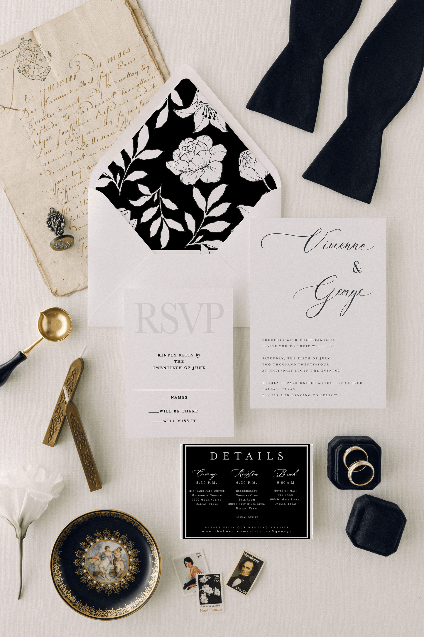 Black and white classic wedding invitaiton, modern custom wedding invitation design